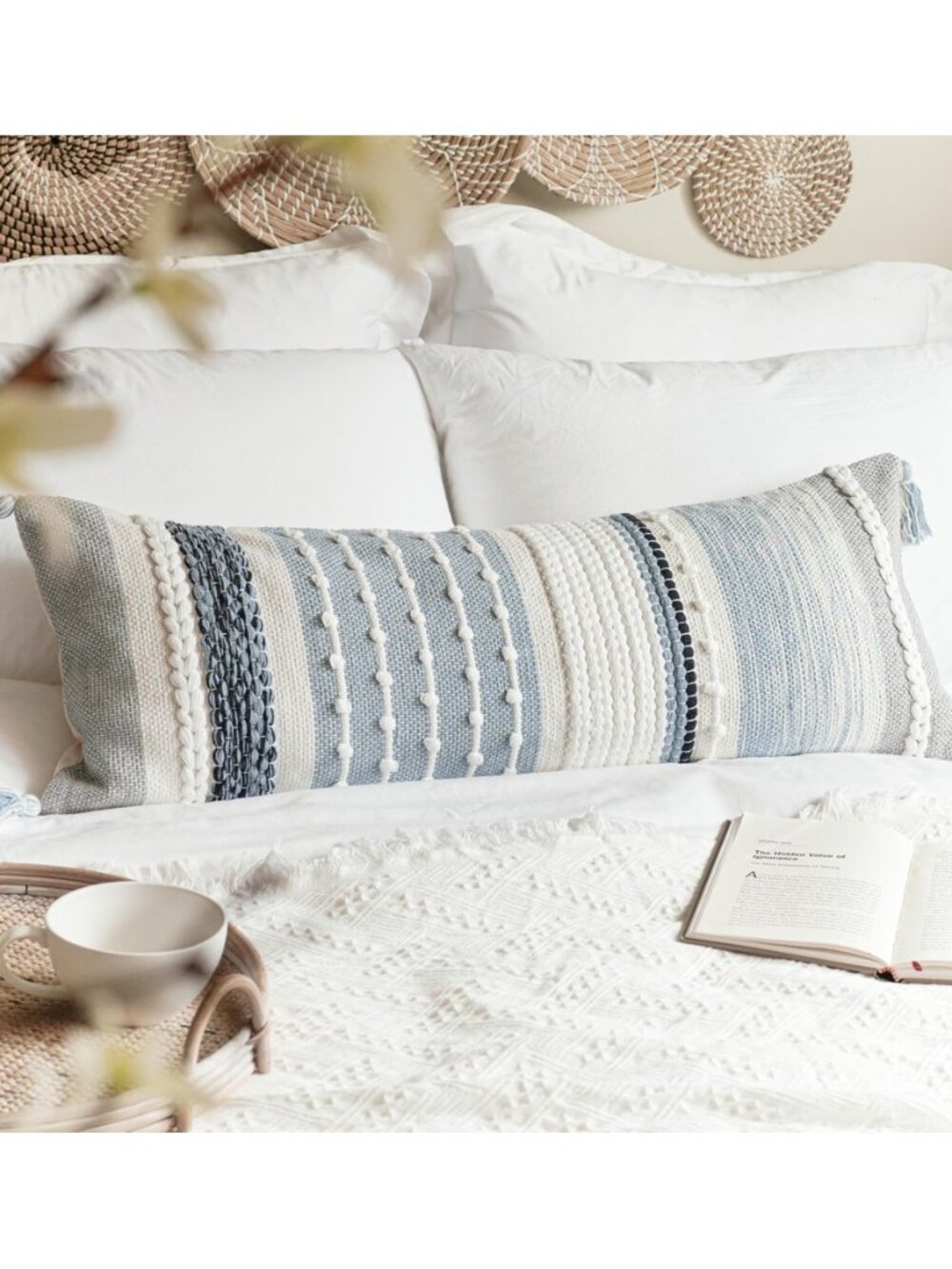 Coastal Blue Decorative Lumbar Pillow Cover 14x36 Boho Long Body Pillow for Bed - Picture 8 of 8